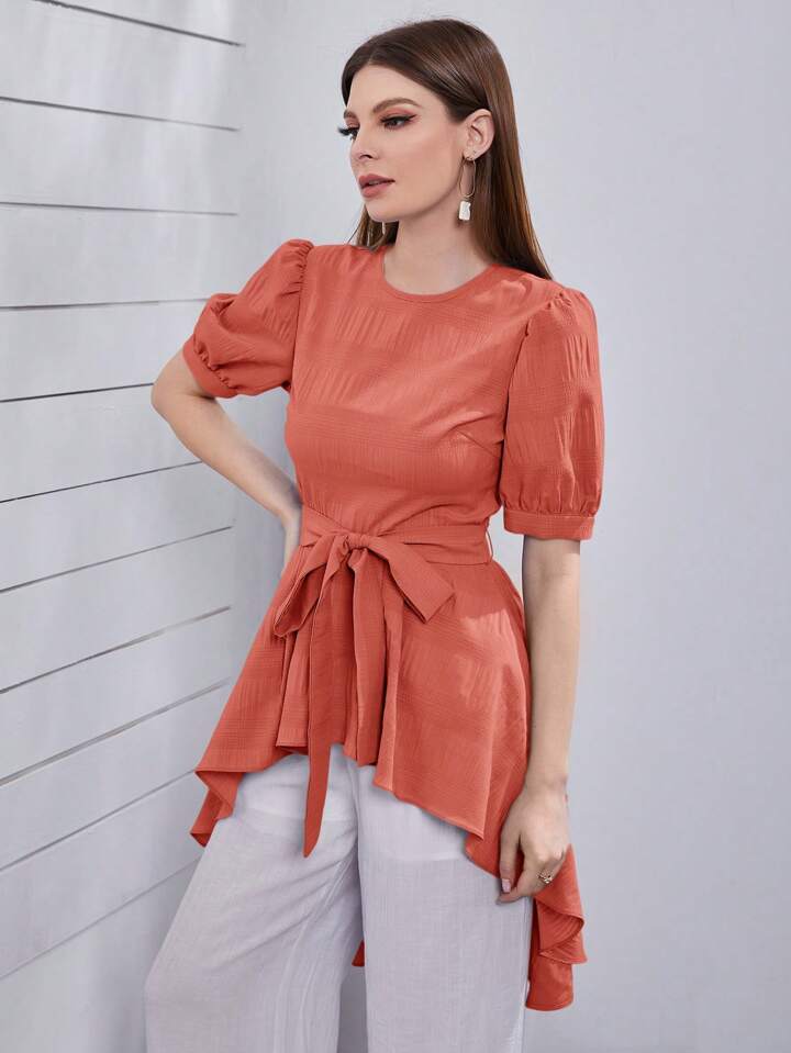 CM-TS730515 Women Casual Seoul Style Round Neck Bubble Short Sleeve Aymmetric Hem Blouse