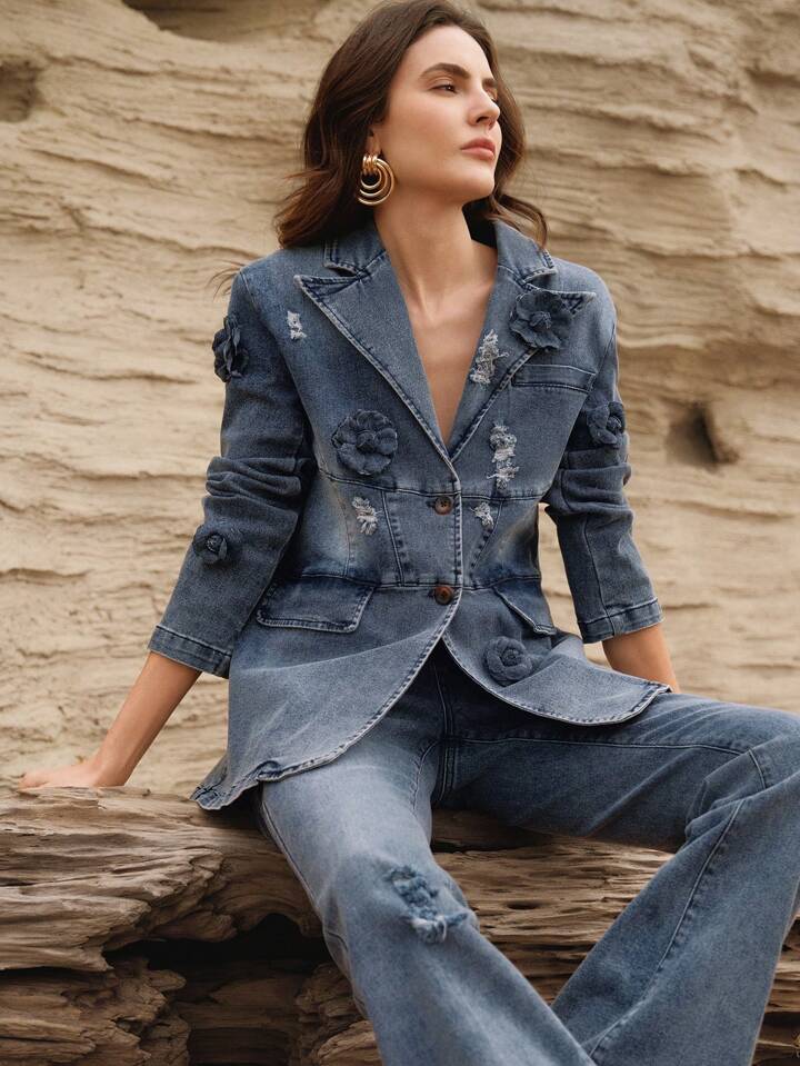 CM-CS412231 Women Elegant Seoul Style Lapel Neckline Single-Breasted Loose Fit Denim Jacket - Blue