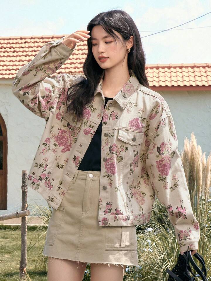 CM-CS898813 Women Casual Seoul Style Floral Print Drop Shoulder Flap Pocket Denim Jacket - Apricot