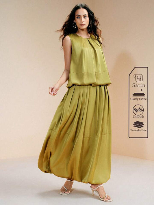 CM-SS530092 Women Elegant Seoul Style Round Neck Pleated Sleeveless Top With High Waist Peplum Skirt - Set