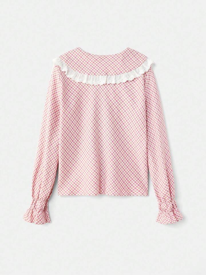 CM-TS124165 Women Casual Seoul Style Lace-Trimmed Peter Pan Collar Ruched Long Sleeve Gingham Blouse - Pink