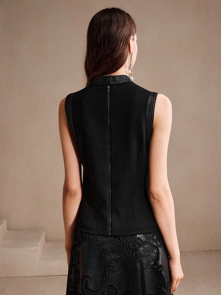 CM-TS668862 Women Elegant Seoul Style Stand Collar Rhinestone Decor Sleeveless Tank Top - Black