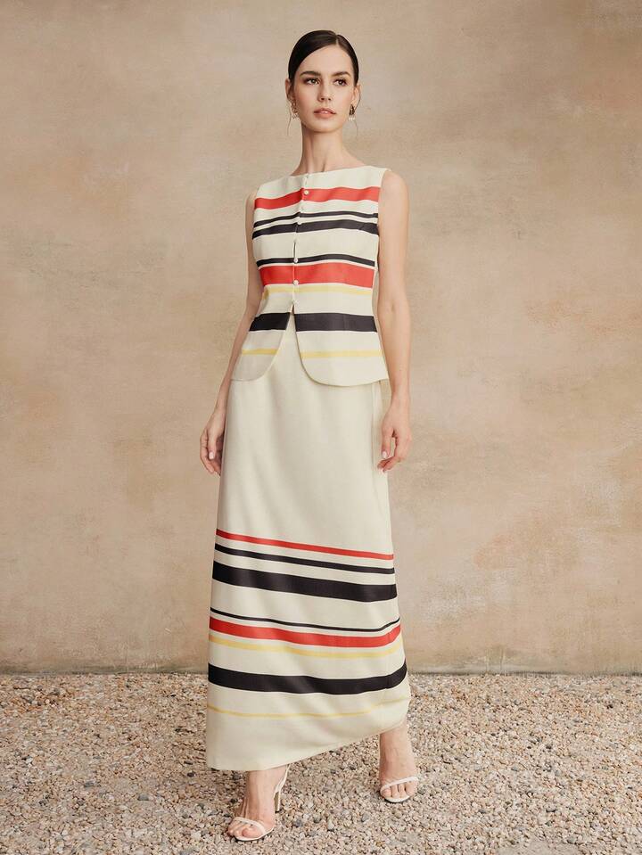 CM-SS748642 Women Elegant Seoul Style Round Neck Sleeveless Vest Top With High-Waisted A-Line Long Skirt - Set