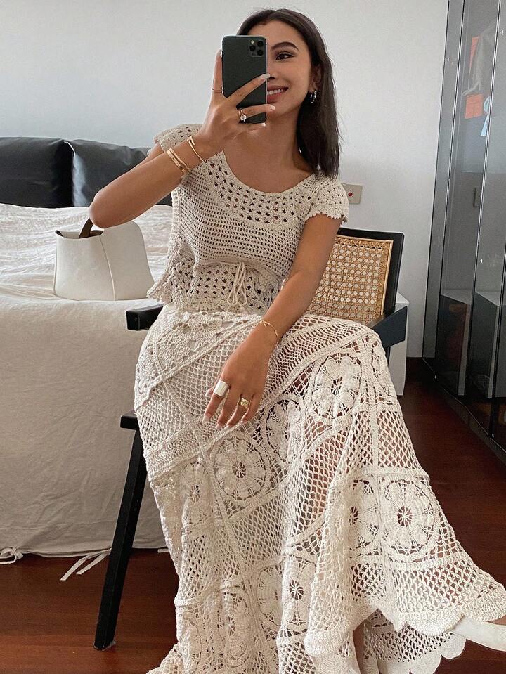 CM-SS154522 Women Trendy Bohemian Style Round Neck Puff Sleeve Knit Blouse With Long Skirt - Set