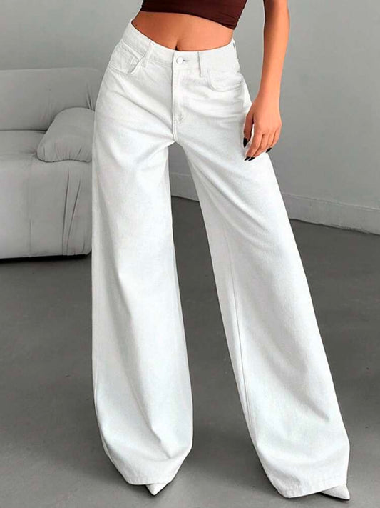CM-BS264848 Women Casual Seoul Style High-Waisted Wide-Leg Denim Jeans - White