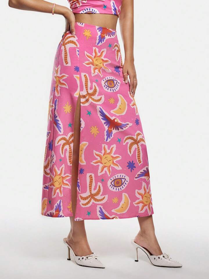 CM-BS311934 Women Casual Seoul Style Allover Print High-Split Mid-Length Skirt