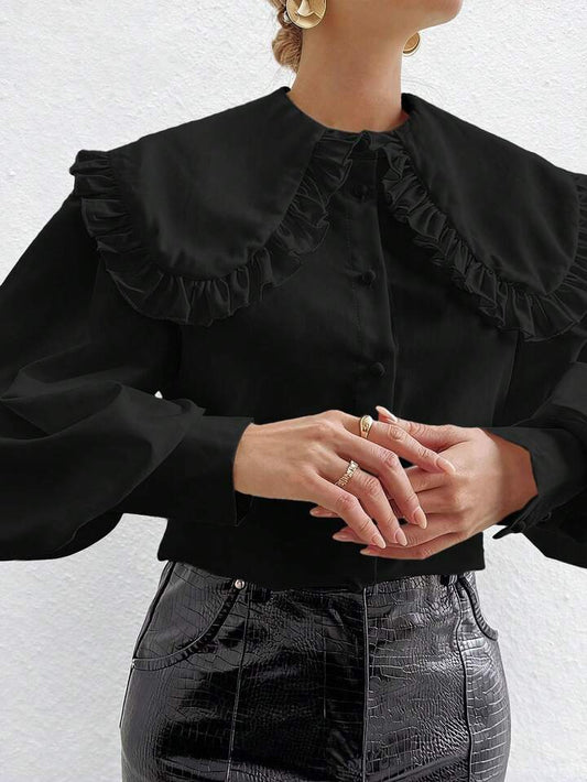 CM-TS789662 Women Elegant Seoul Style Solid Color Peter Pan Collar Bishop Sleeve Ruffle Detail Long Sleeve Blouse