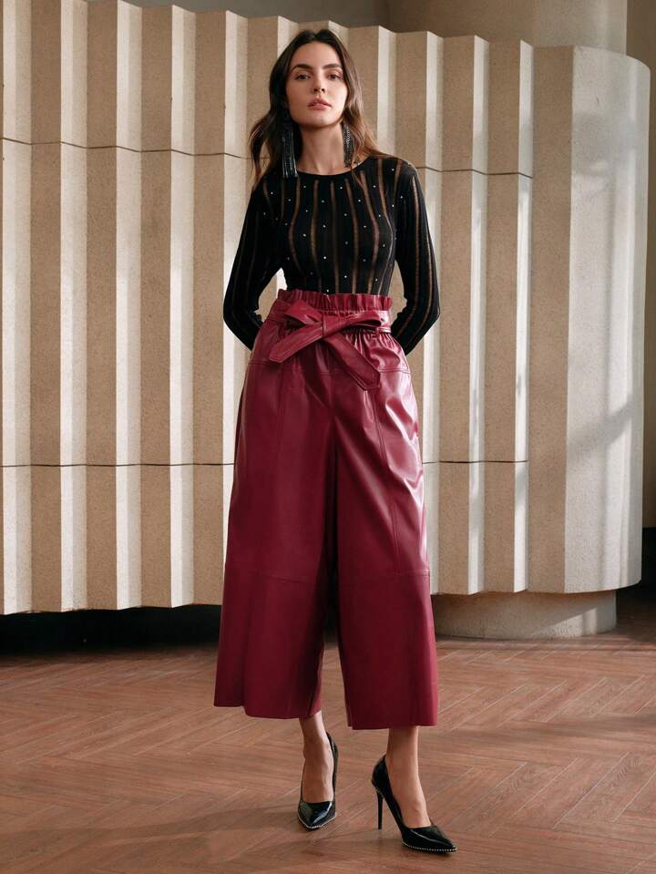 CM-BS309939 Women Elegant Seoul Style High Waist Faux Leather Wide Leg Pants - Red