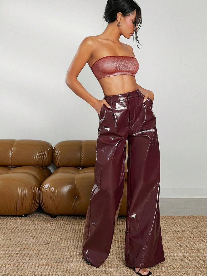 CM-BS499510 Women Elegant Seoul Style Slant Pocket PU Leather Wide Leg Pants - Burgundy