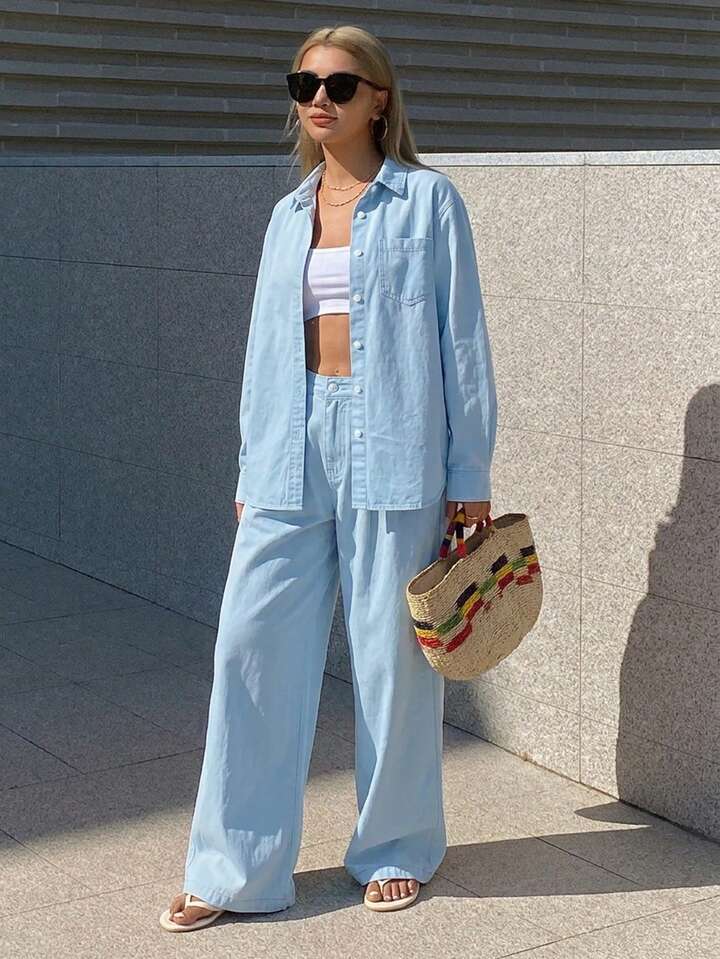 CM-SS661802 Women Casual Seoul Style Collared Long Sleeve Loose Denim Shirt With Straight-Leg Pants - Set
