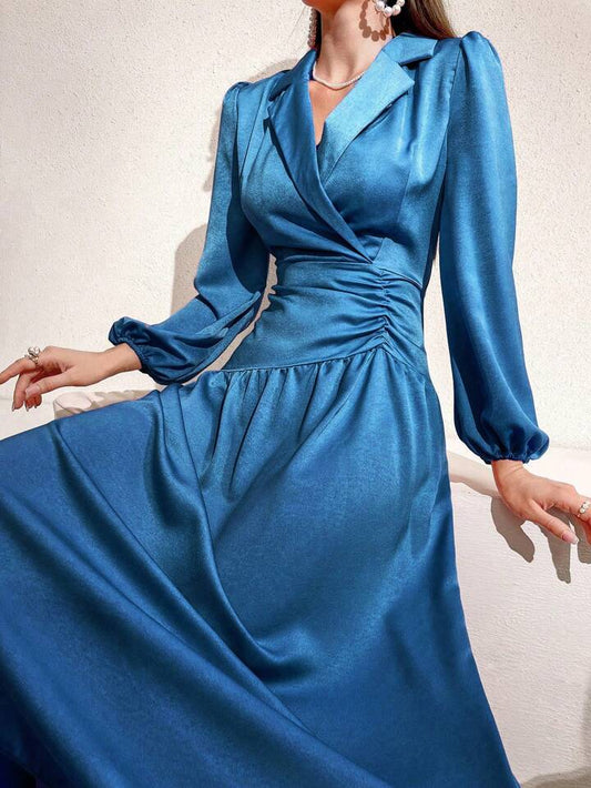 CM-DS641797 Women Casual Seoul Style Turn-Down Collar Lantern Sleeve Pleated Dress - Blue