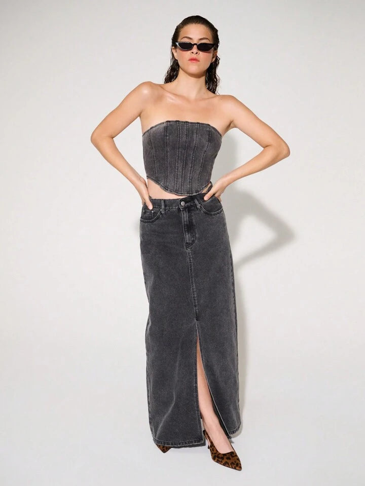 CM-BS352224 Women Casual Seoul Style Non-Stretch Drop Waist Slit Denim Maxi Skirt - Gray