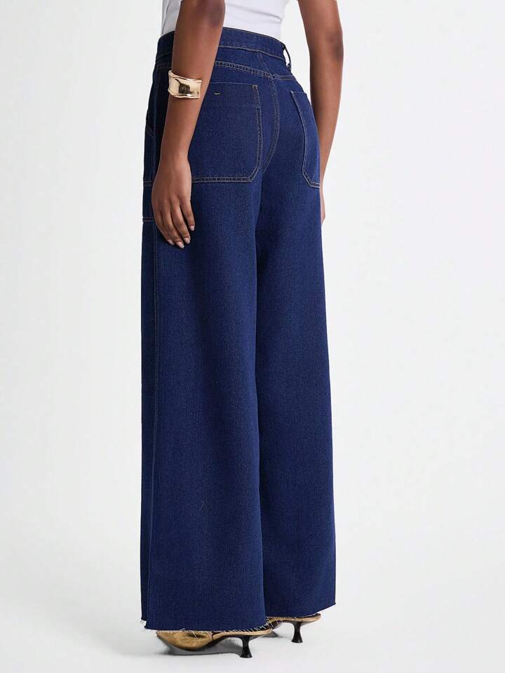 CM-BS290295 Women Casual Seoul Style Dark Wash High Waist Baggy Pocket Wide Leg Jeans