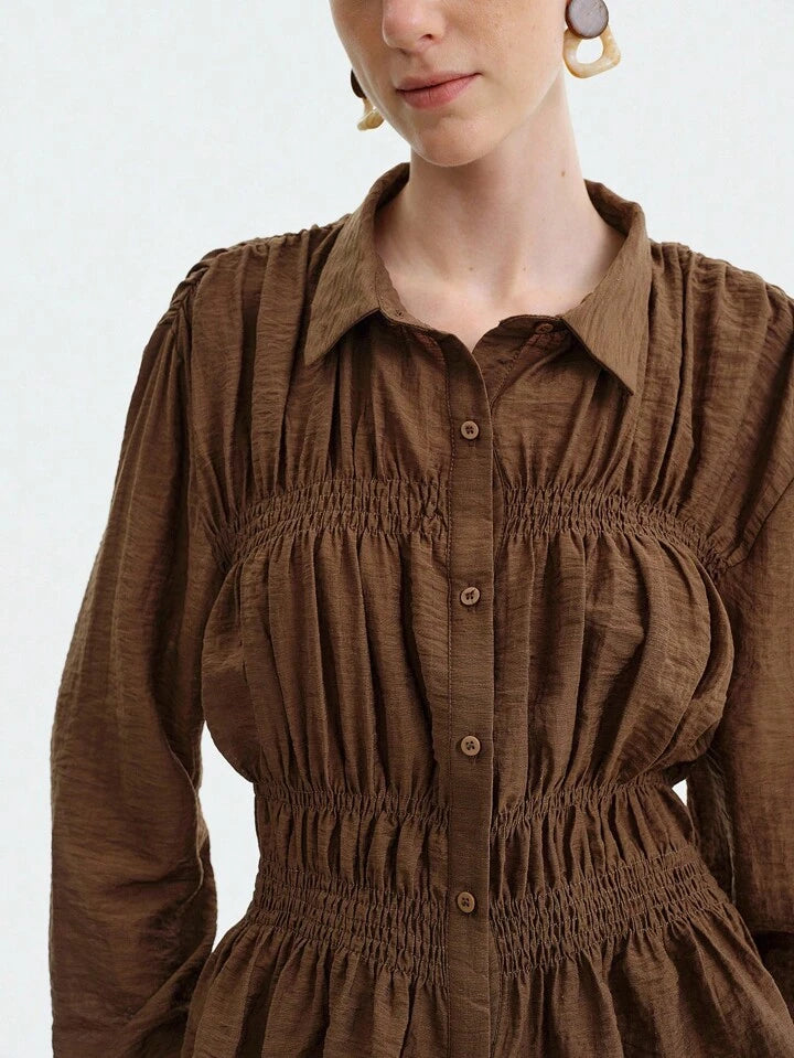 CM-TS385838 Women Elegant Seoul Style Collar Neckline Button Front Drawstring Waist Drop Shoulder Loose Blouse