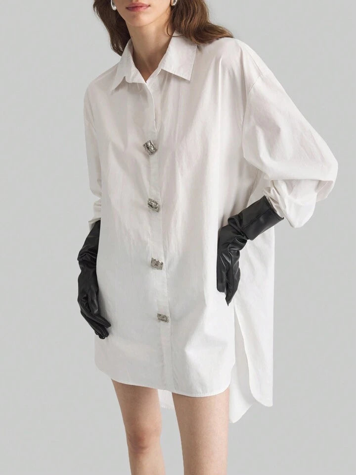 CM-TS195759 Women Casual Seoul Style Collar Neckline Drop Shoulder Asymmetrical Blouse - White