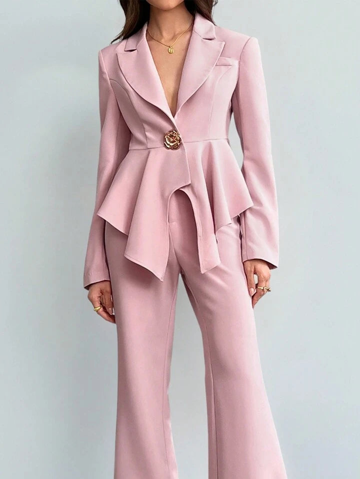 CM-SS888855 Women Elegant Seoul Style Lapel Neckline Asymmetrical Long Sleeve Blazer With Long Pant Suit - Baby Pink