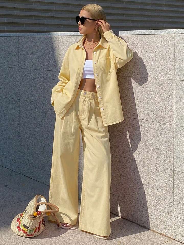 CM-SS393399 Women Casual Seoul Style Collared Long Sleeve Loose Denim Shirt With Straight-Leg Pants - Set