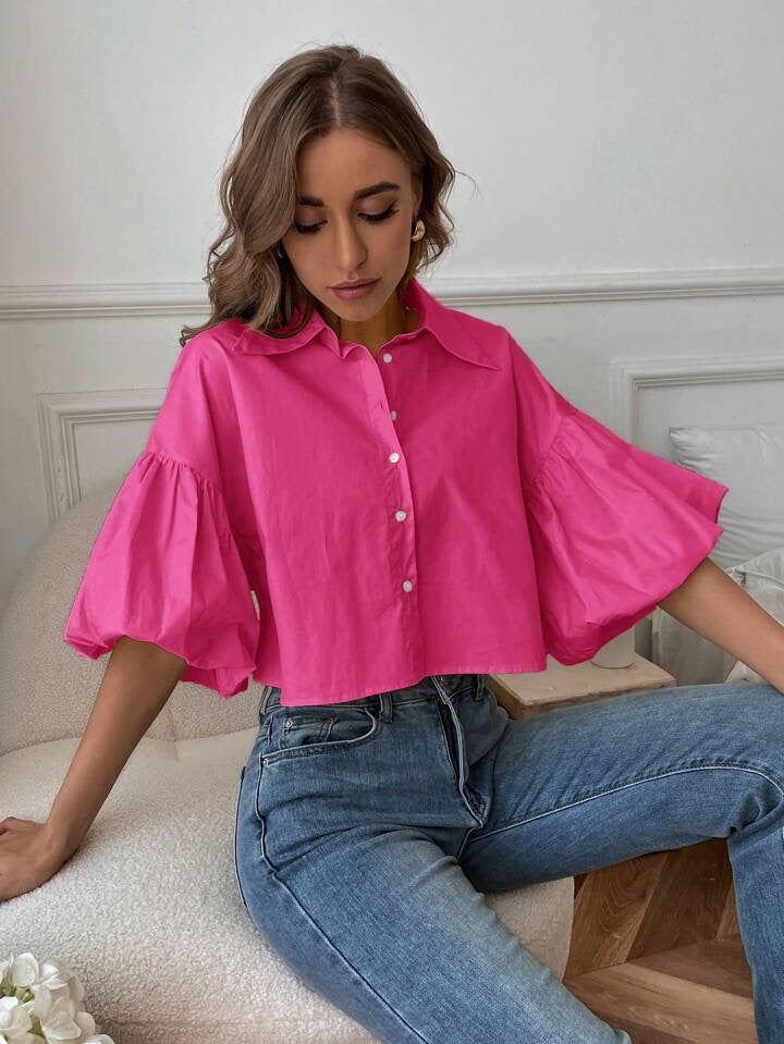CM-TS063403 Women Casual Seoul Style Drop Bishop Sleeve Single Breasted Blouse - Hot Pink