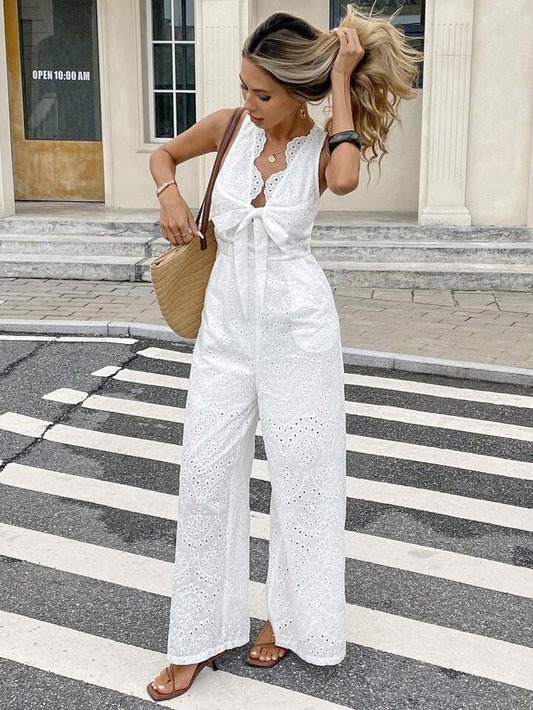 CM-JS594598 Women Trendy Bohemian Style Solid Color Halter Neckline Sleeveless Jumpsuit - White