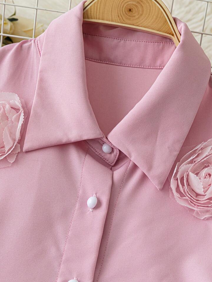 CM-TS134581 Women Casual Seoul Style Collar Neckline 3D Floral Puff Half Sleeve Blouse - Pink