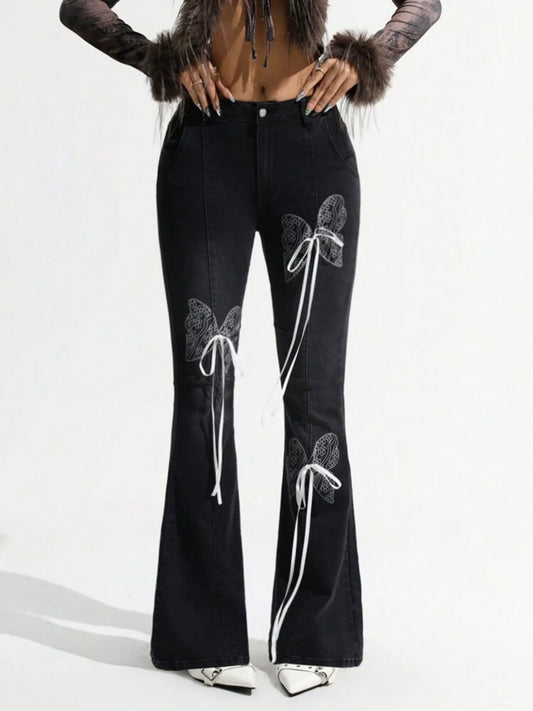 CM-BS915274 Women Casual Seoul Style Butterfly Print And Bow Decor Bell Bottoms Jeans - Black