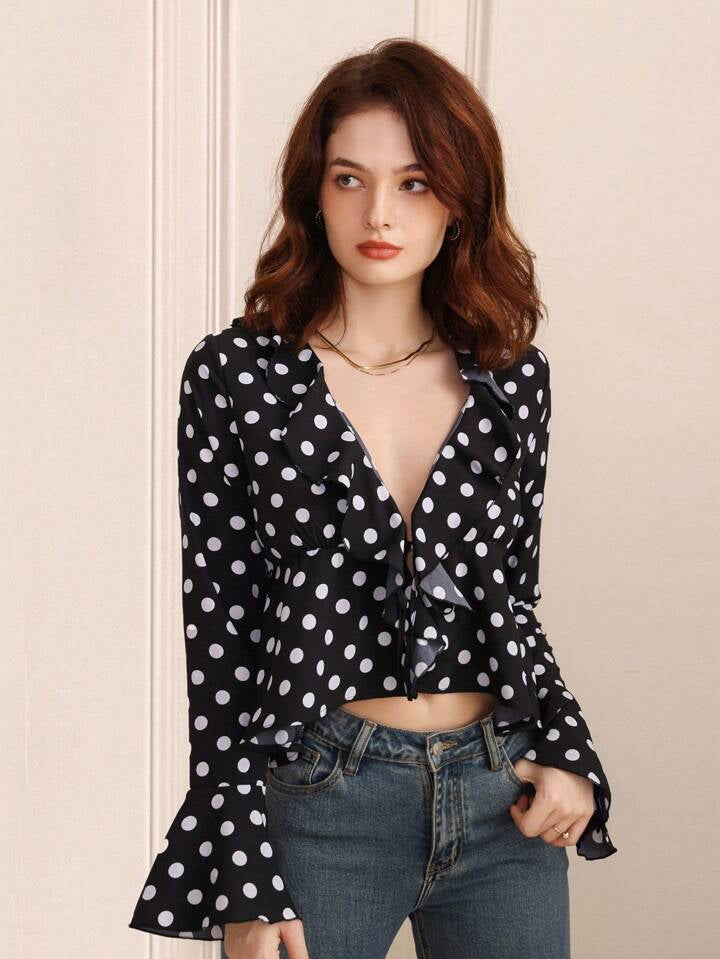 CM-TS864365 Women Casual Seoul Style Tie-Front Button-Up Long Sleeve Ruffle Hem Top