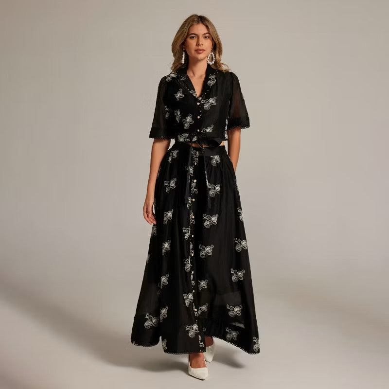 CM-SY035589 Women Elegant European Style Collar Neckline Half Sleeve Beads Decor Blouse With High Waist Long Skirt - Set