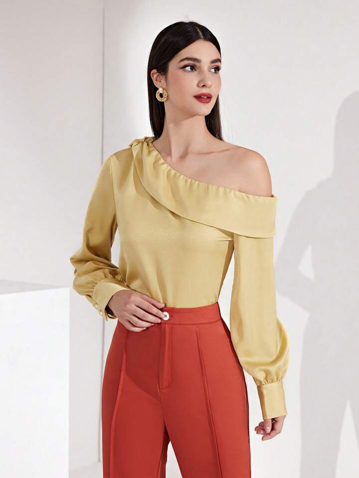 CM-TS672724 Women Casual Seoul Style Asymmetrical Collar Neckline Long Sleeve Shirt