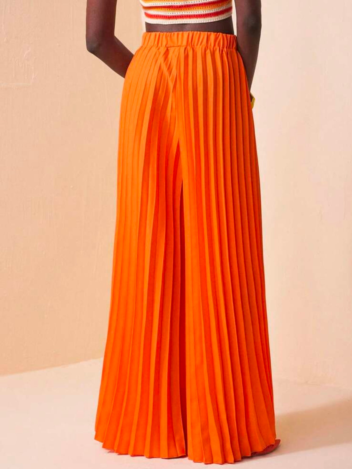 CM-BS882688 Women Trendy Bohemian Style Elastic Waist Pleated Large Hem Extra Long Wide Leg Pants - Orange