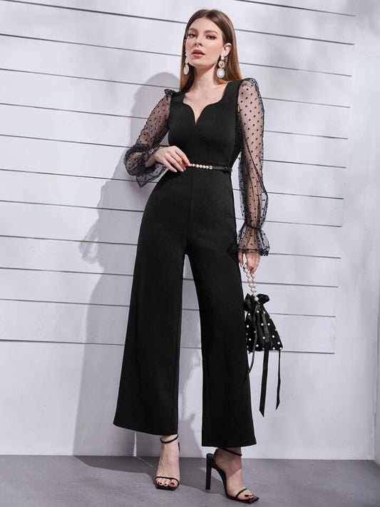 CM-JS904946 Women Elegant Seoul Style Notched Neckline Dobby Mesh Flounce Sleeve Wide Leg Jumpsuit - Black