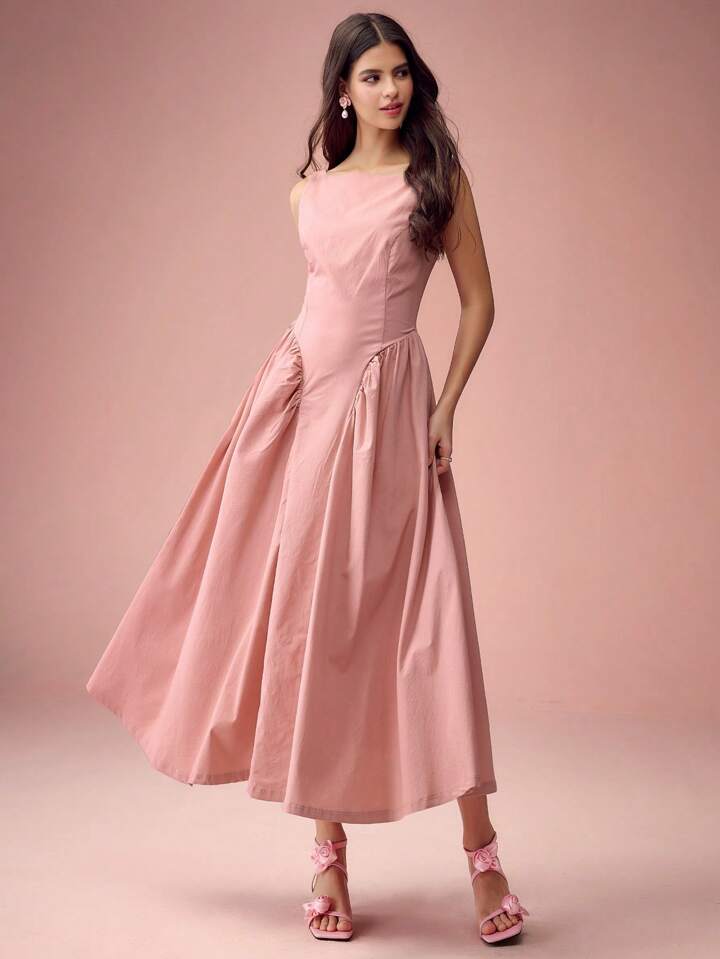 CM-DS145173 Women Elegant Seoul Style Solid Color Round Neck Pleated Long Sleeveless Dress - Pink