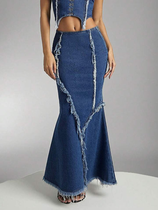 CM-BS199353 Women Casual Seoul Style Frayed Lace Detail Distressed Hem Denim Mermaid Skirt