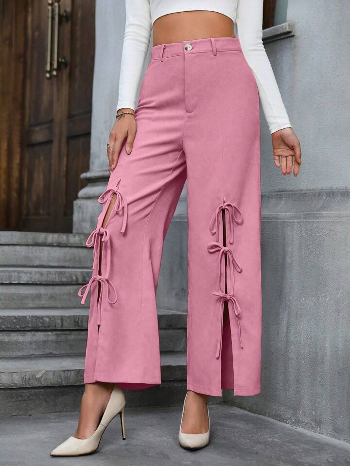 CM-BS642710 Women Casual Seoul Style Bowknot Decoration High Slit Wide Leg Pants - Pink