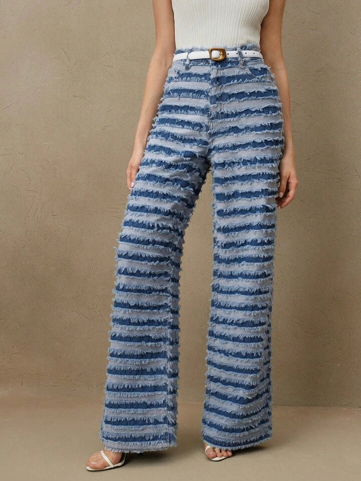 CM-BS619897 Women Casual Seoul Style Striped Textured Frayed Hem Contrast Color Flare Pants - Blue