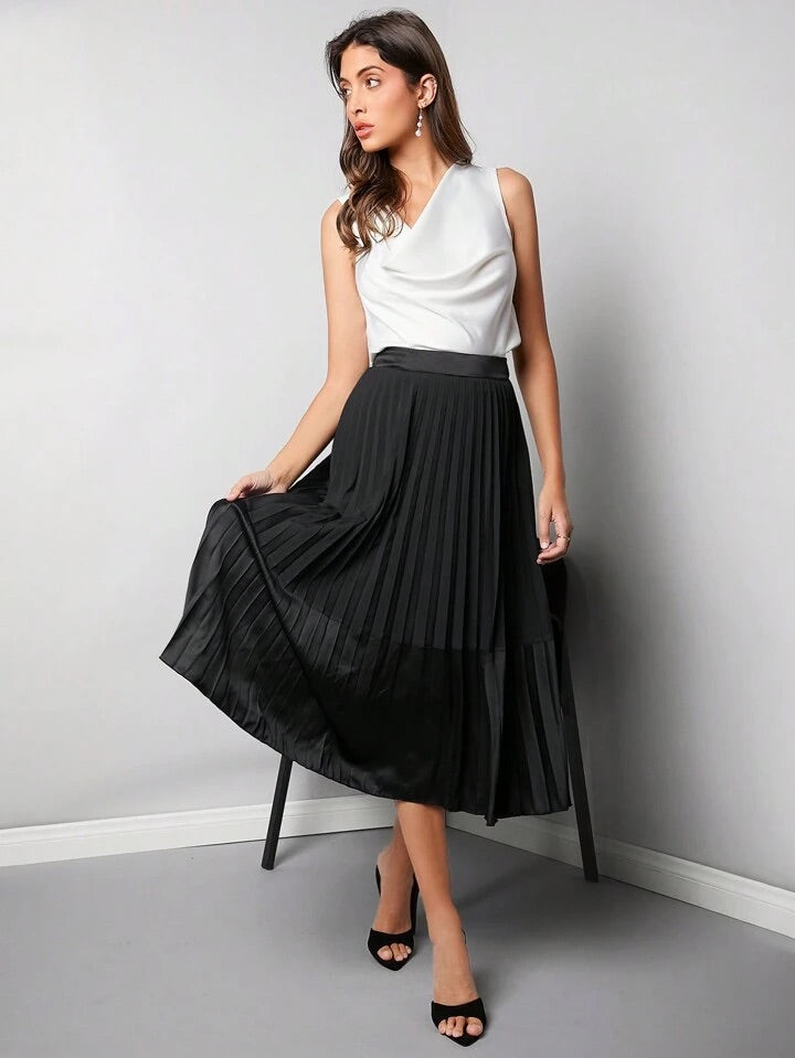 CM-BS614252 Women Elegant Seoul Style High Waist Long Pleated Skirt - Black