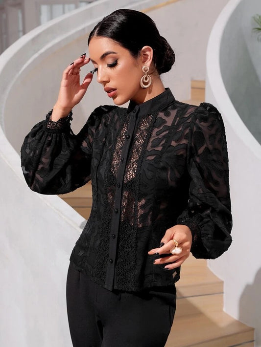 CM-TS622230 Women Elegant Seoul Style Contrast Lace Lantern Sleeve Mock Neck Shirt - Black