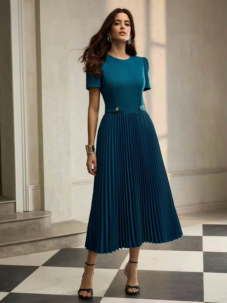 CM-DS660745 Women Elegant Seoul Style Round Neck Puff Sleeve Pleated Hem A-Line Mid-Length Dress - Teal Blue