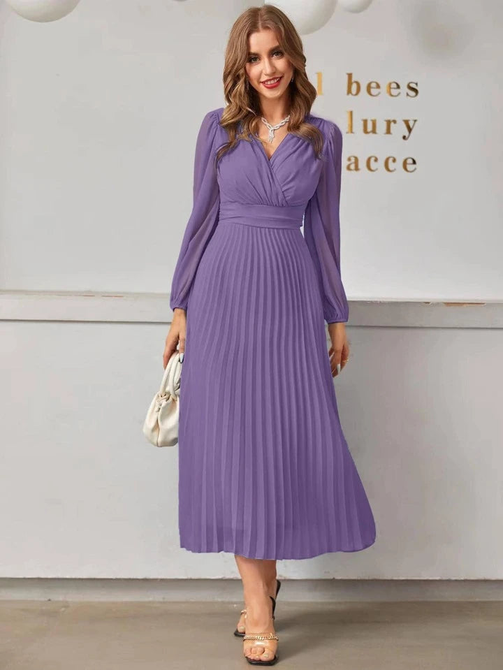 CM-DS365439 Women Elegant Seoul Style Surplice V-Neck High Waist Pleated Hem A-Line Dress - Purple
