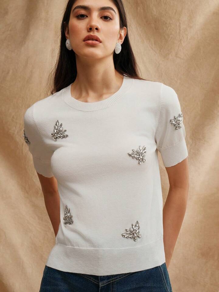 CM-TS417773 Women Casual Seoul Style Butterfly Diamond Decor Short Sleeve T-Shirt - White