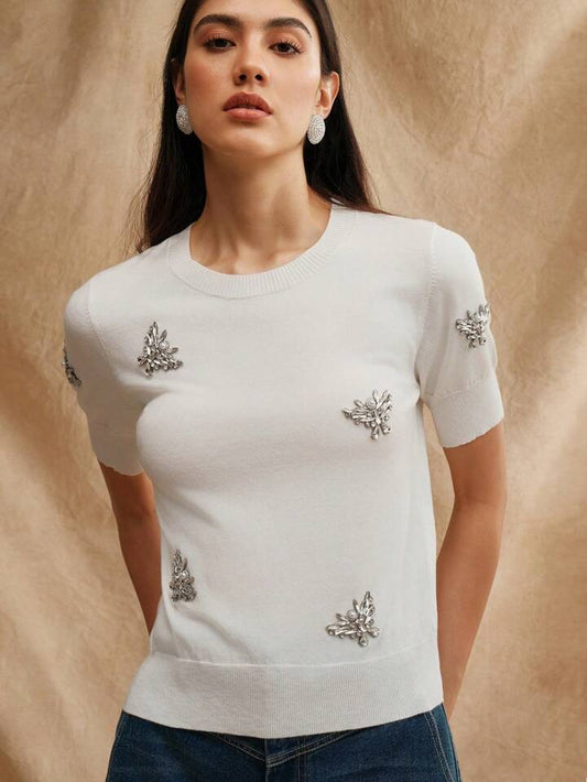 CM-TS417773 Women Casual Seoul Style Butterfly Diamond Decor Short Sleeve T-Shirt - White