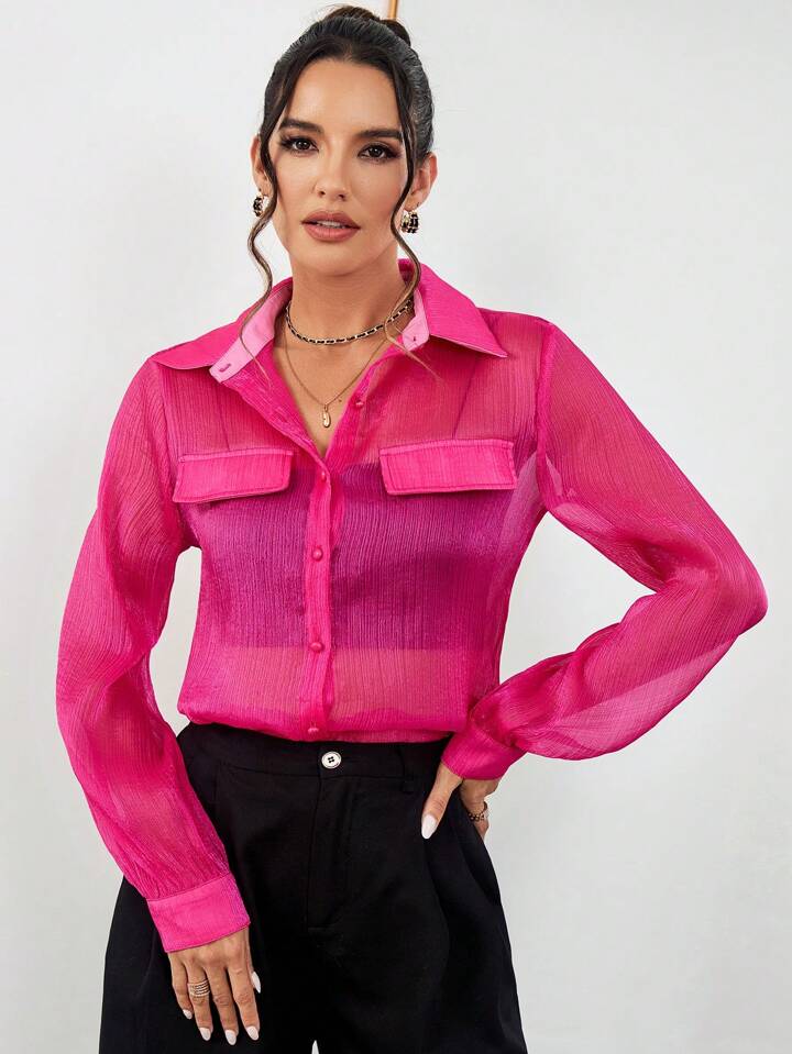 CM-TS185655 Women Casual Seoul Style Collar Neckline Sheer See-Through Long Sleeve Shirt