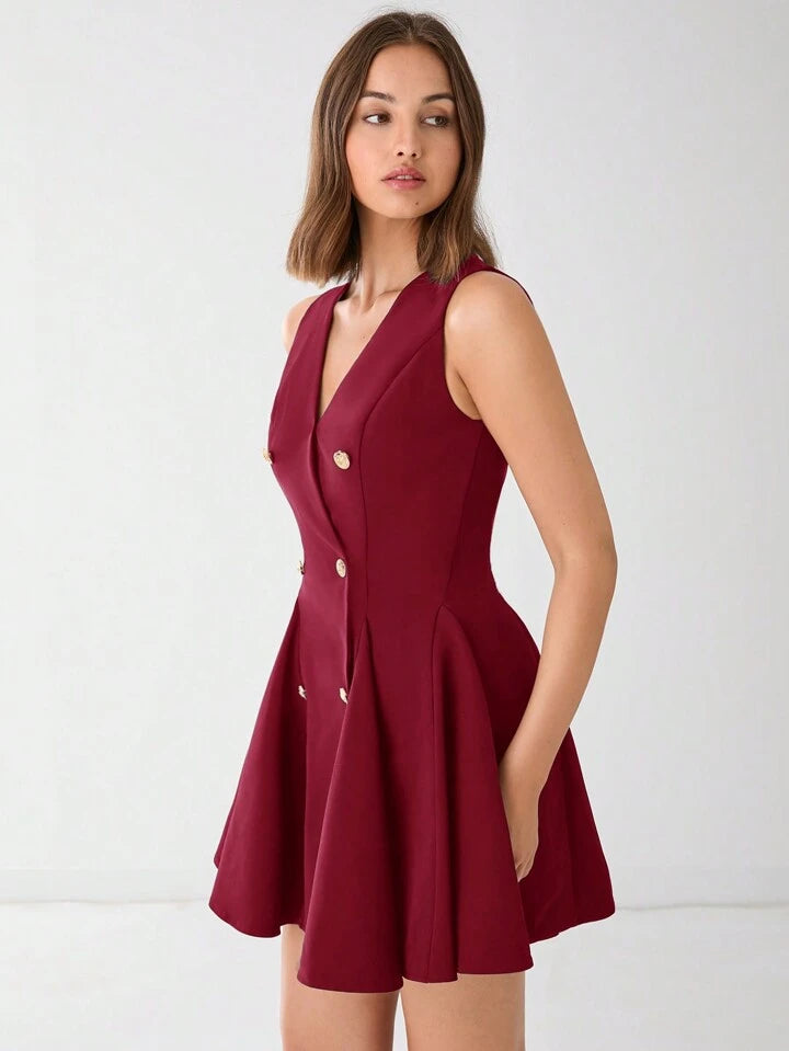 CM-DS856616 Women Elegant Seoul Style V-Neck Front Button Sleeveless A-Line Mini Dress - Burgundy