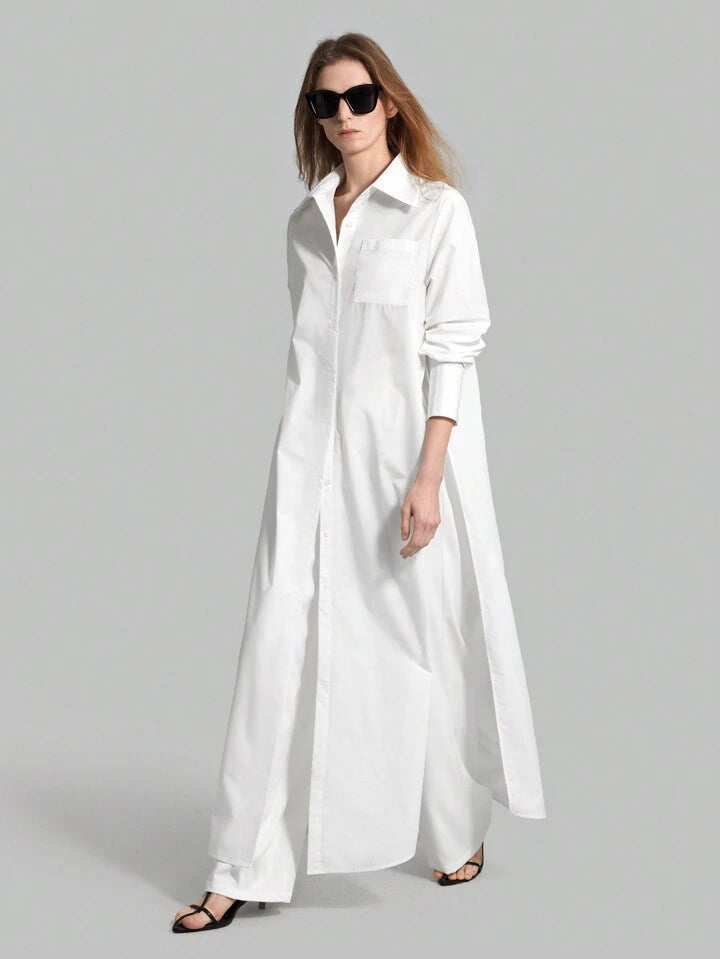 CM-TS859922 Women Casual Seoul Style Shirt Collar Long Sleeve Front Button High Slit Long Shirt - White