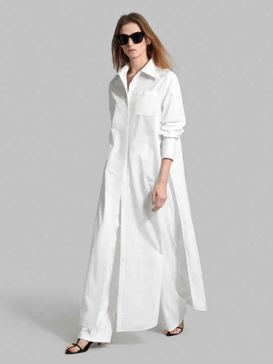 CM-TS859922 Women Casual Seoul Style Shirt Collar Long Sleeve Front Button High Slit Long Shirt - White