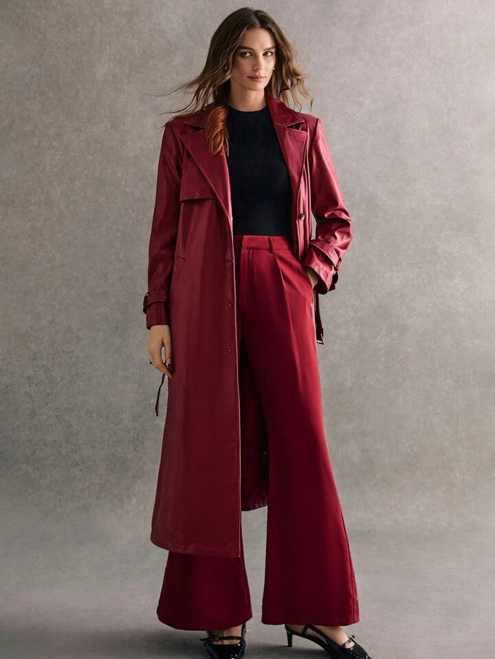 CM-BS561105 Women Elegant Seoul Style Solid Color Flare Leg Pocket Detail Long Pants - Burgundy