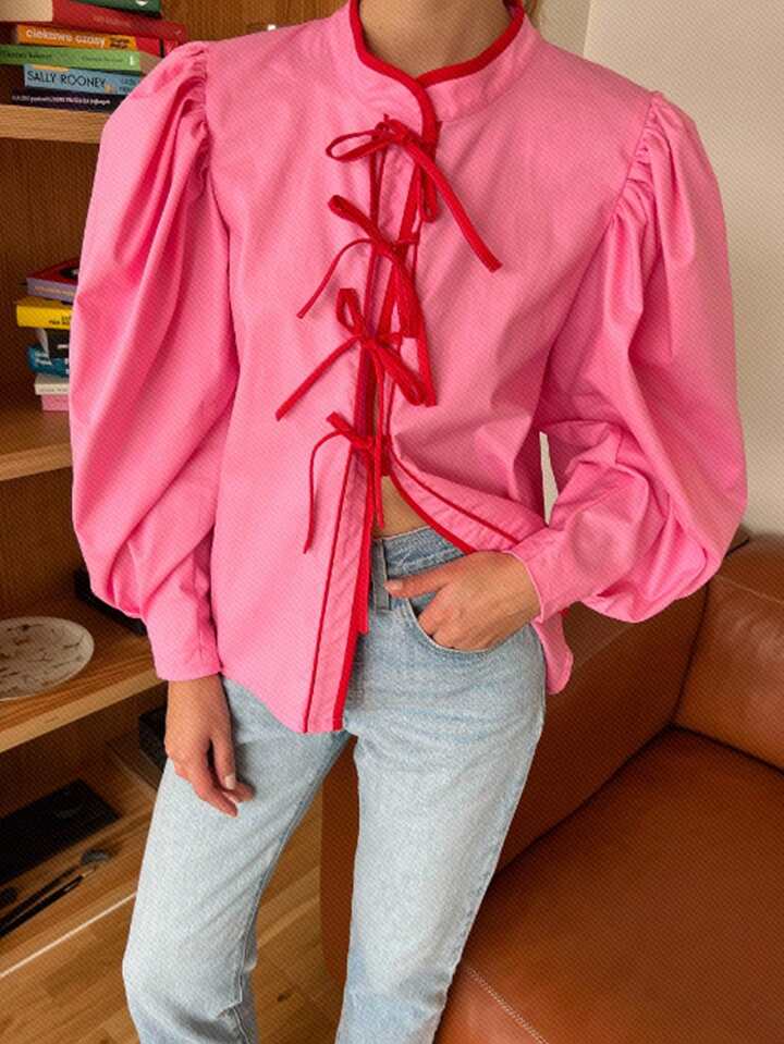 CM-TS326284 Women Elegnat Seoul Style Stand Collar Lantern Sleeve Bow Tie Ribbon Blouse - Pink