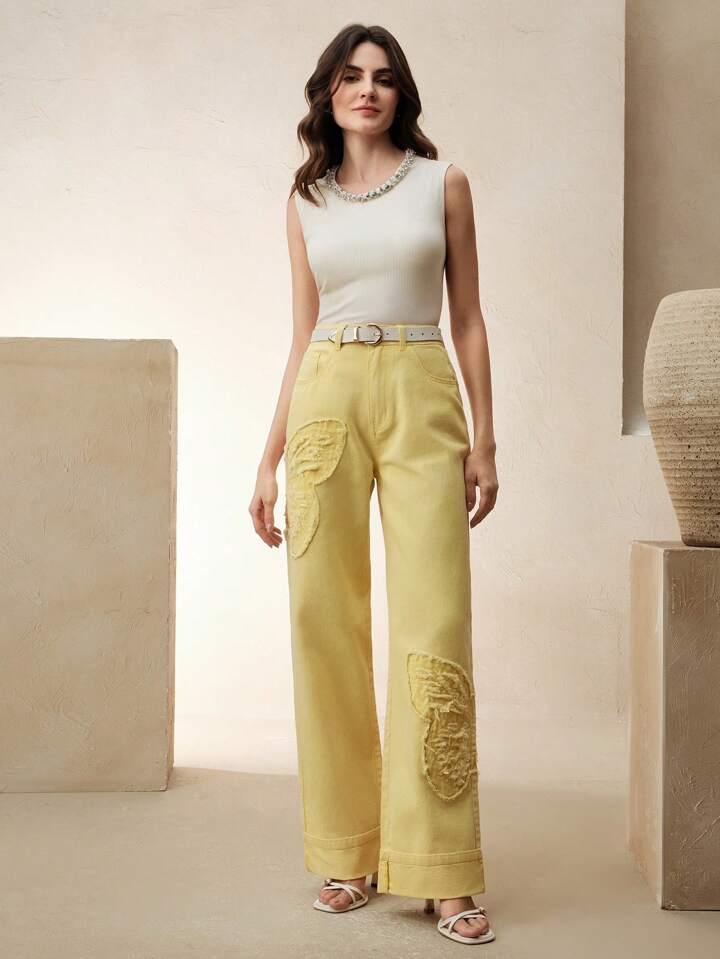 CM-BS227651 Women Casual Seoul Style Mid Waist Embroidered Straight Leg Jeans - Yellow