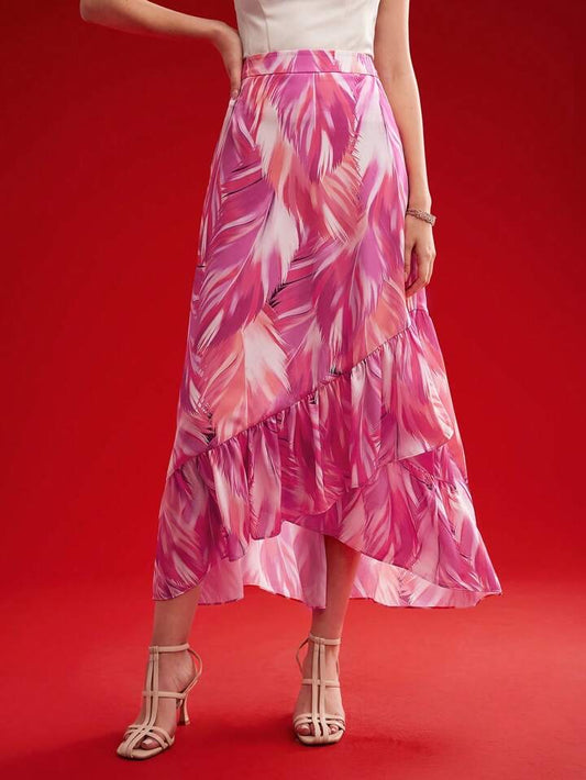 CM-BS335889 Elegant Seoul Style Premium Plant Printed Asymmetrical Ruffle Hem Skirt