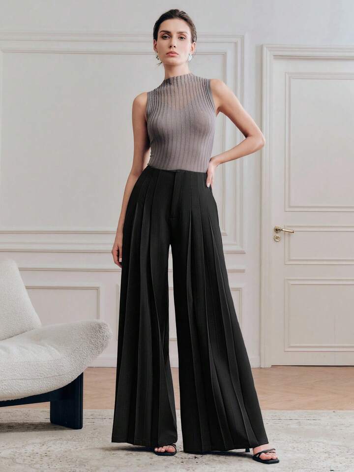 CM-BS227697 Women Elegant Seoul Style High Waist Loose Draping Wide Leg Pants - Black