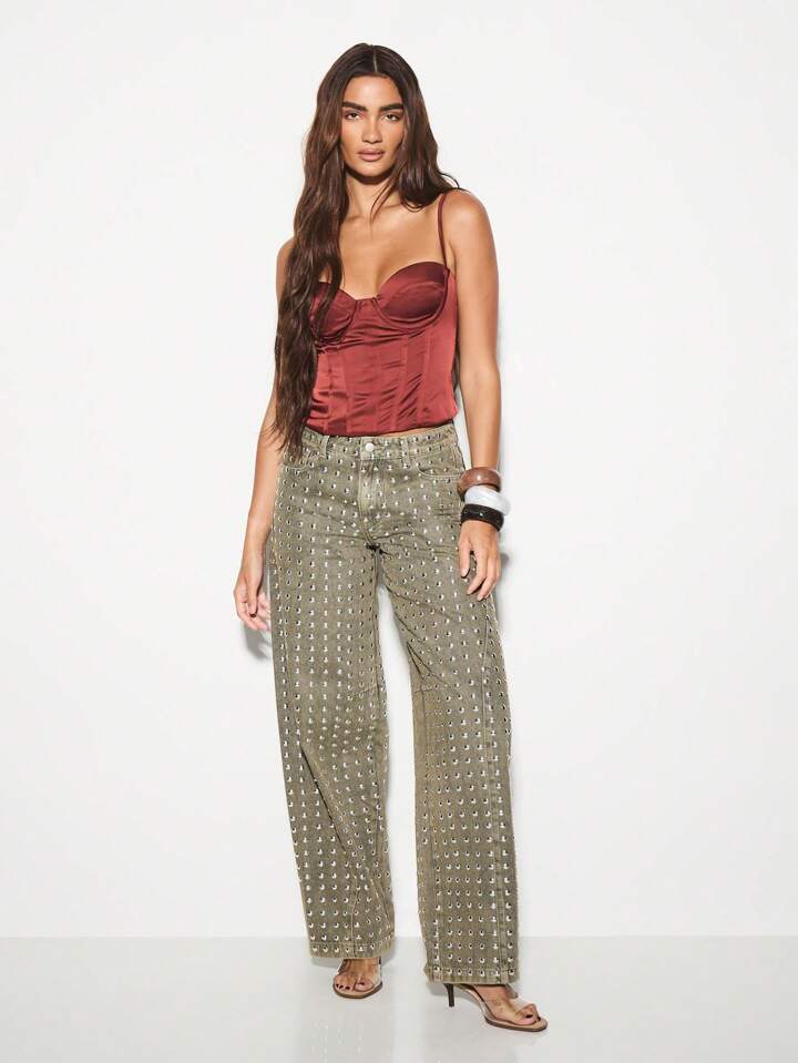CM-BS920922 Women Casual Seoul Style High Waisted Metal Studs Wide Leg Palazzo Jeans - Khaki